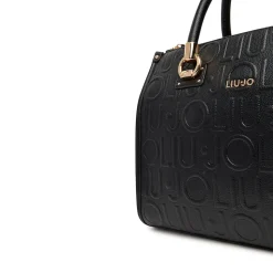 Borsa Donna a Mano Media LIU JO effetto Bottalato con Logo in Rilievo All Over Nero