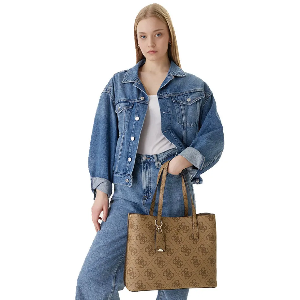 Borsa Donna a Spalla Shopper GUESS Linea Meridian colore Latte Logo