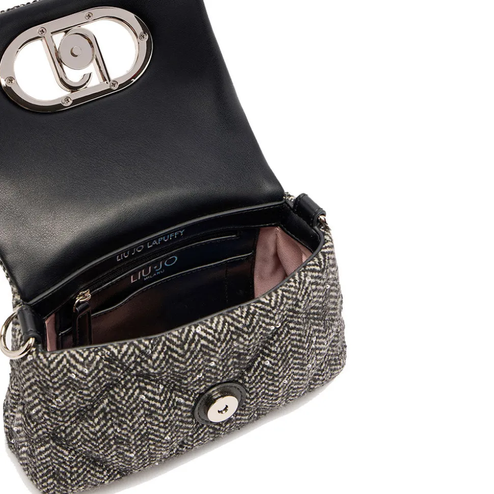 Borsa Donna a Tracolla Piccola LIU JO linea LaPuffy in Tessuto Chevron Nero con Paillettes