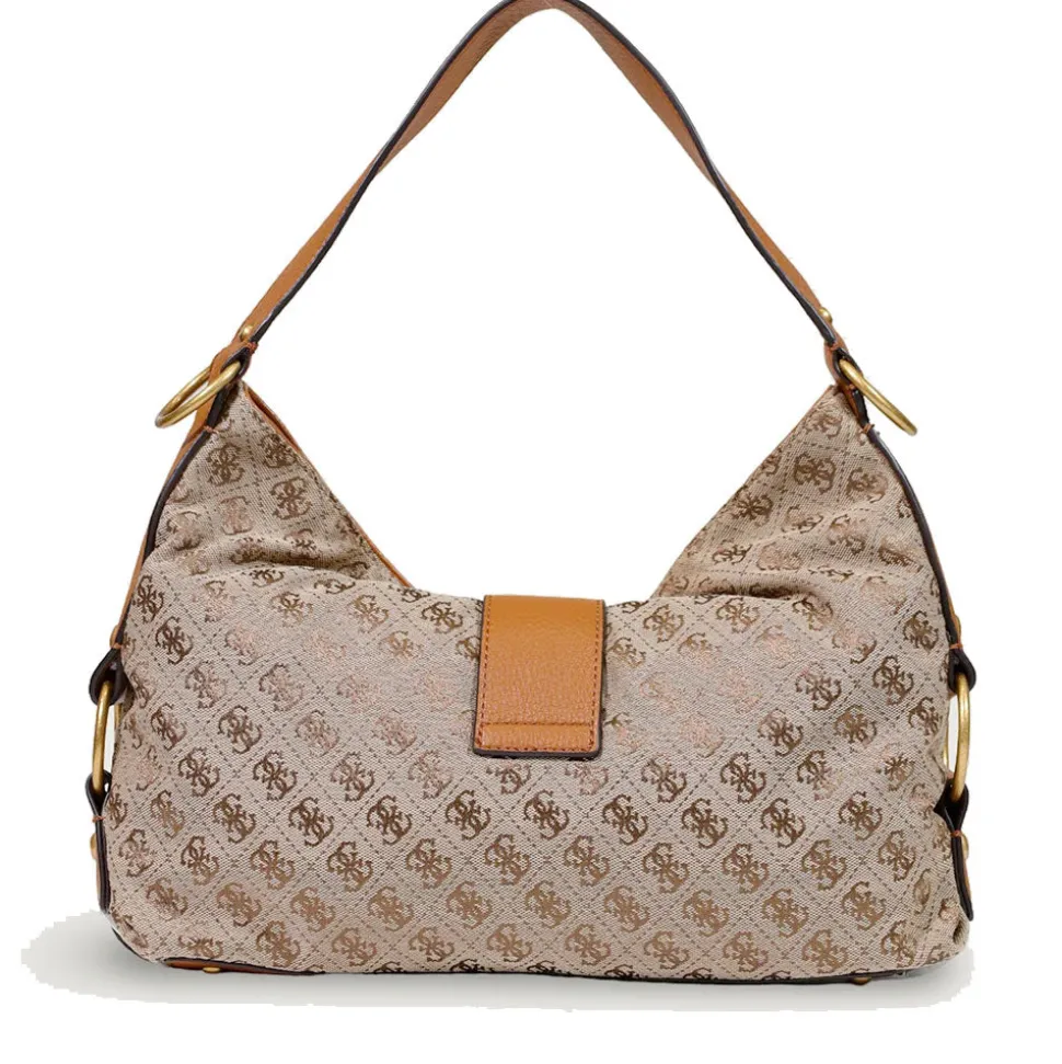 Borsa Donna Hobo a Spalla GUESS Linea Camden Colore Latte Logo - Cognac