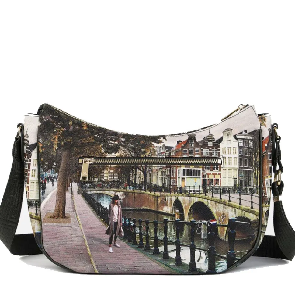 Borsa Donna Hobo Bag a Tracolla Y NOT YES-628 Stampa Amsterdam Bridge