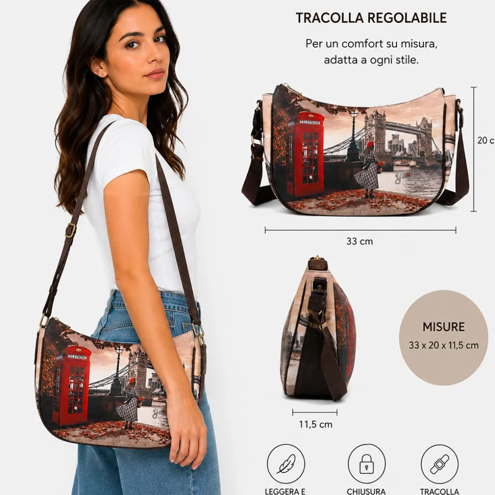 Borsa Donna Hobo Bag a Tracolla Y NOT YES-628 Stampa Kisses From Paris