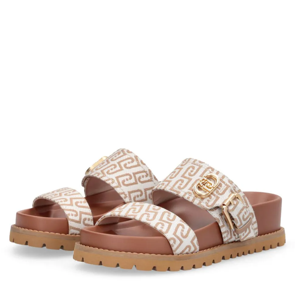 Ciabatte Donna Doppia Fascia LIU JO Livia 02 in Tessuto Jacquard Logato Beige