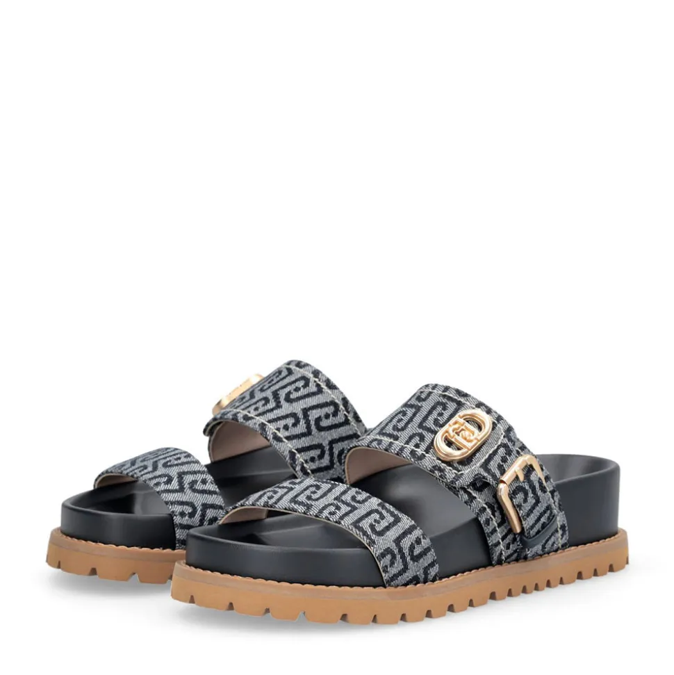 Ciabatte Donna Doppia Fascia LIU JO Livia 02 in Denim Jacquard Logato Blu Scuro