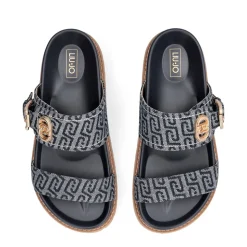 Ciabatte Donna Doppia Fascia LIU JO Livia 02 in Denim Jacquard Logato Blu Scuro
