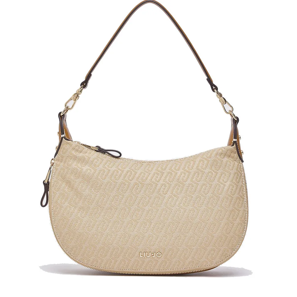 Hobo Bag Media con Tracolla LIU JO in Tessuto Jacquard Beige con Logo All Over