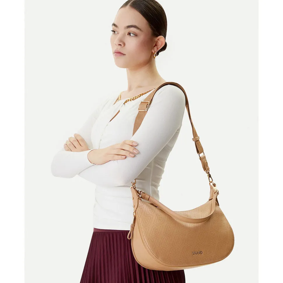 Hobo Bag Media con Tracolla LIU JO color Cammello con Logo Laserato Monogram
