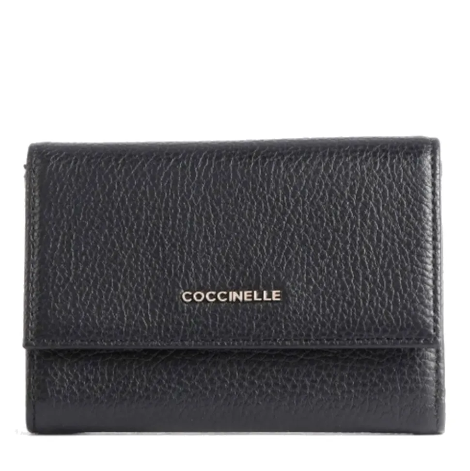 Portafoglio Piccolo COCCINELLE in Pelle Martellata Linea Metallic Soft colore Nero