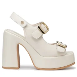 Sandali con Tacco CULT Bjork 4506 in Pelle Off White con Fibbie Frontali