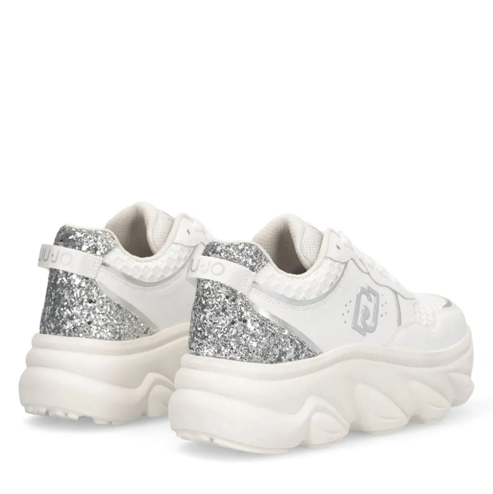 Scarpe Donna LIU JO Steffy 01 Sneakers Chuncky in Pelle Bianca con Inserto Glitter Argento