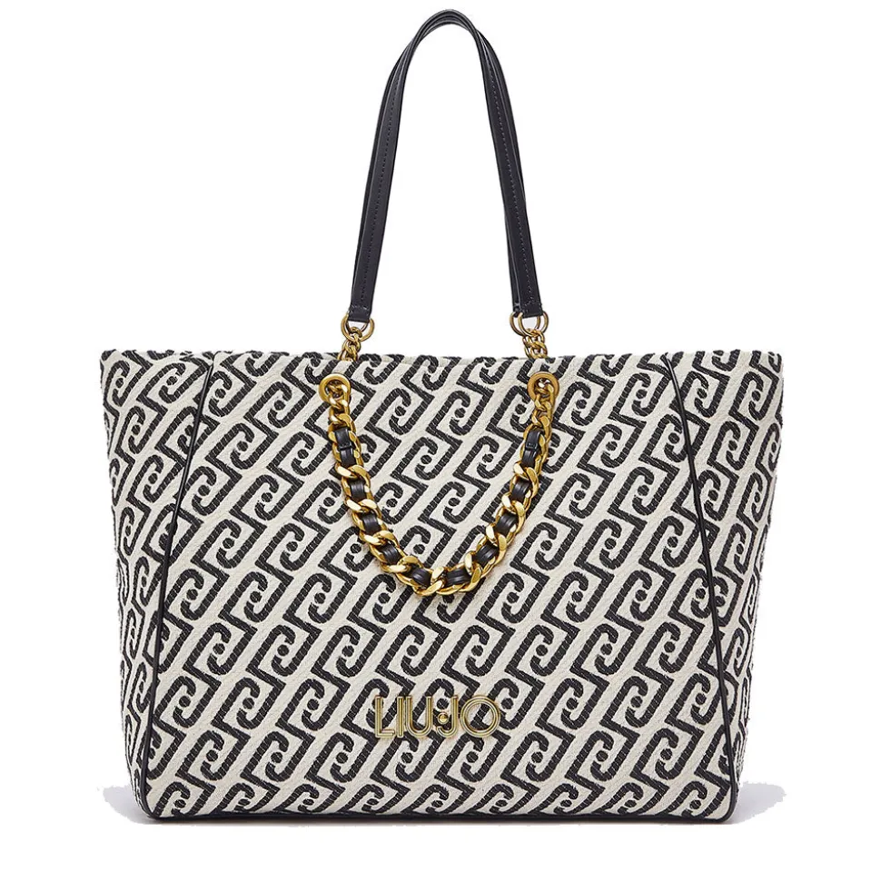 Shopping Bag Large Donna LIU JO in Tessuto Jacquard Bianco e Nero con Logo Monogram