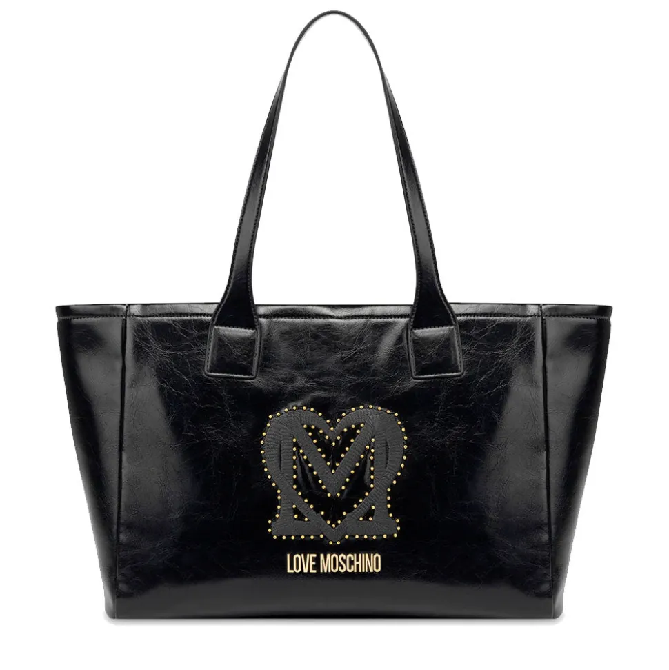 Shopping Bag LOVE MOSCHINO Nera con Logo Ricamato e Borchie