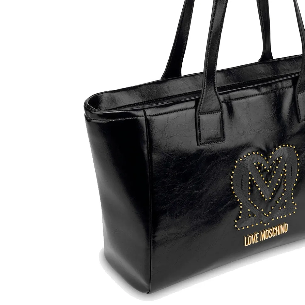 Shopping Bag LOVE MOSCHINO Nera con Logo Ricamato e Borchie