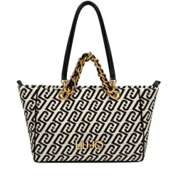Shopping Bag Media Donna LIU JO in Tessuto Jacquard Bianco e Nero con Logo Monogram