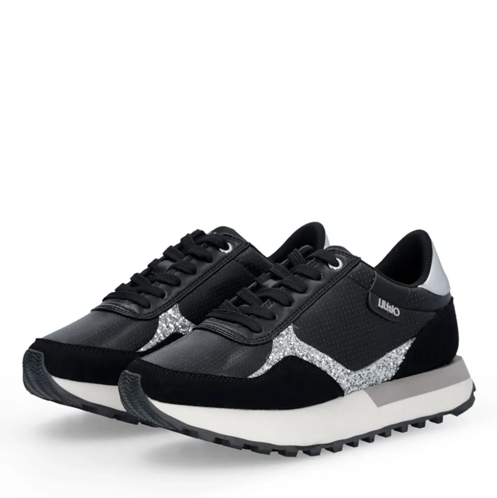 Sneakers Donna LIU JO Evelyn 915 in Microfibra Perforata Nera con Inserto Glitter Argento