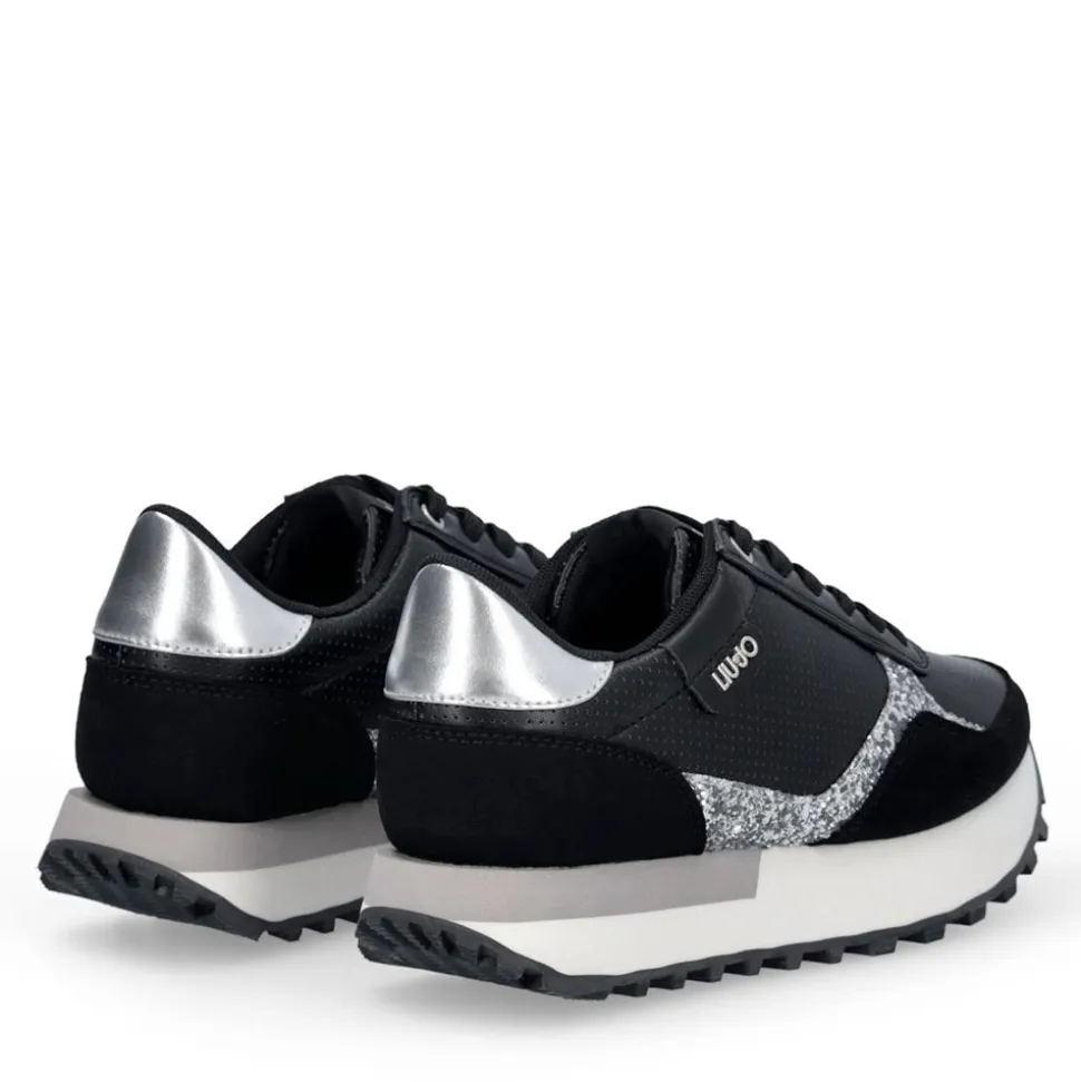 Sneakers Donna LIU JO Evelyn 915 in Microfibra Perforata Nera con Inserto Glitter Argento