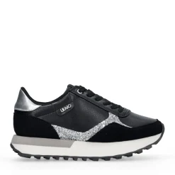Sneakers Donna LIU JO Evelyn 915 in Microfibra Perforata Nera con Inserto Glitter Argento