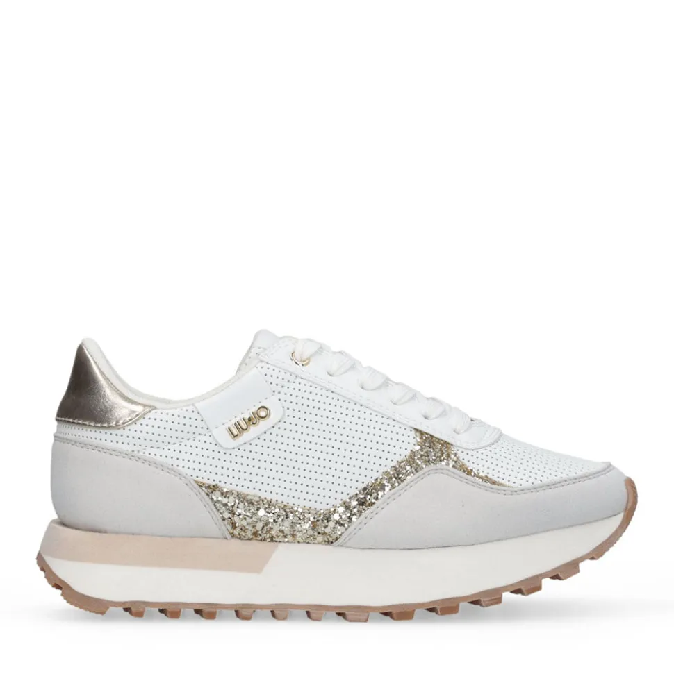 Sneakers Donna LIU JO Evelyn 915 in Microfibra Perforata Bianca con Inserto Glitter Oro