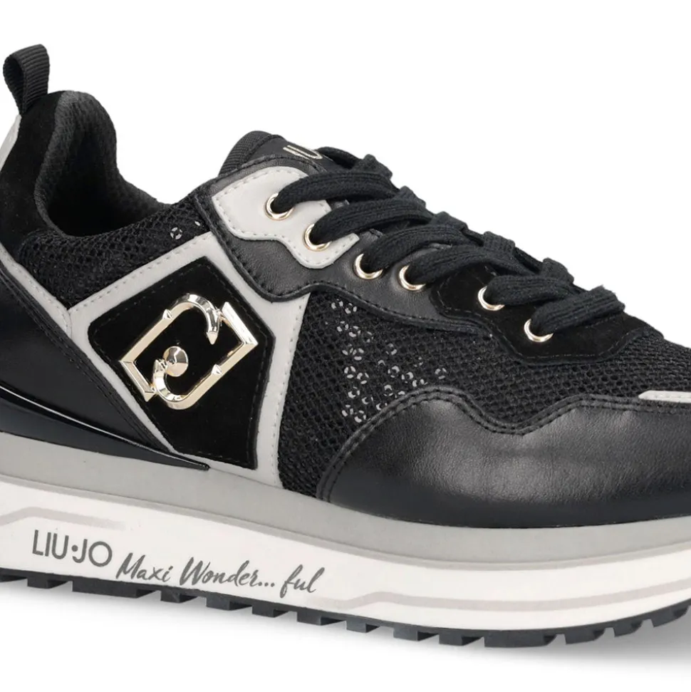 Sneakers Platform Donna LIU JO Maxi Wonder 01 in Pelle e Mesh Nero con Paillettes