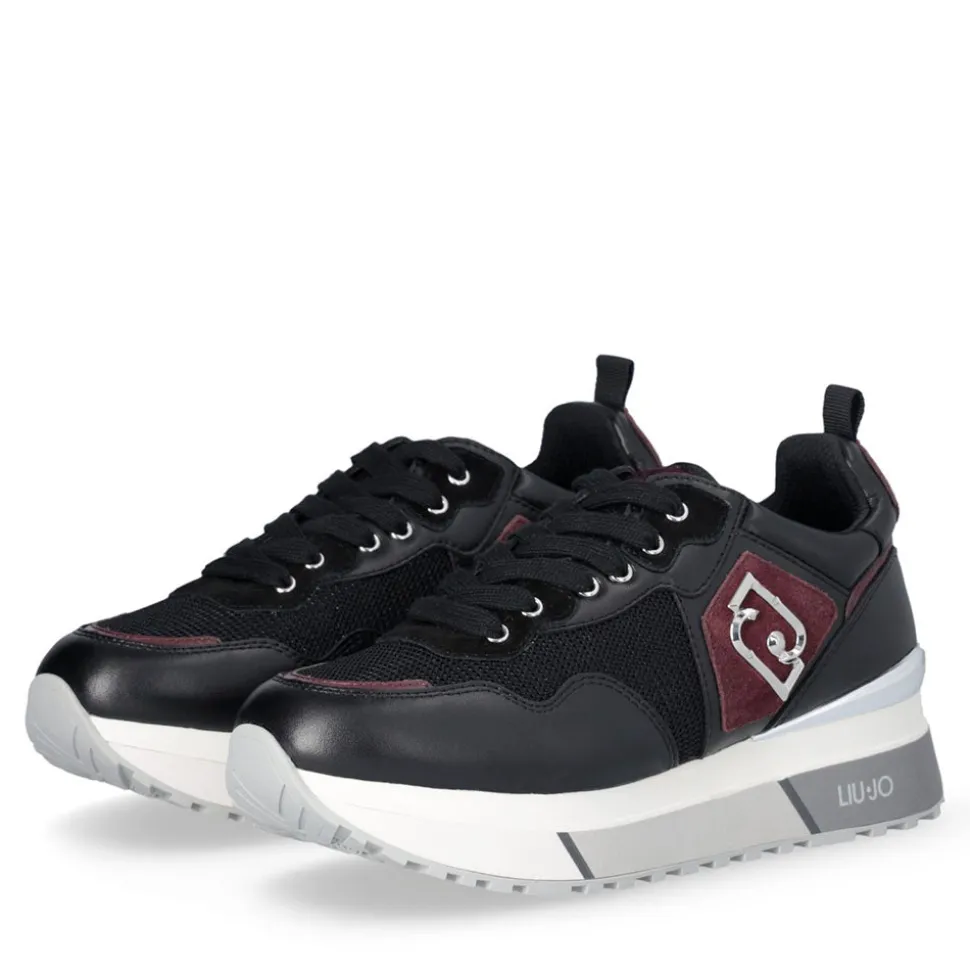 Sneakers Platform Donna LIU JO Maxi Wonder 01 in Pelle Nera e Brighty Mesh Cremisi