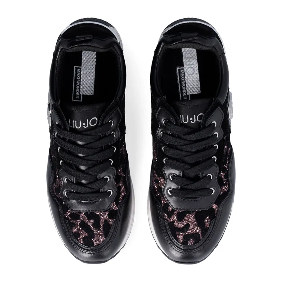Sneakers Platform Donna LIU JO Maxi Wonder 01 in Pelle Suede e Inserti Glitter Animalier Black Rose