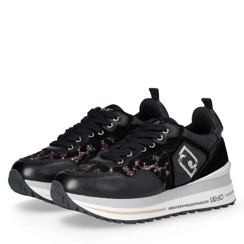 Sneakers Platform Donna LIU JO Maxi Wonder 01 in Pelle Suede e Inserti Glitter Animalier Black Rose
