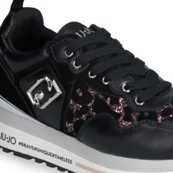 Sneakers Platform Donna LIU JO Maxi Wonder 01 in Pelle Suede e Inserti Glitter Animalier Black Rose