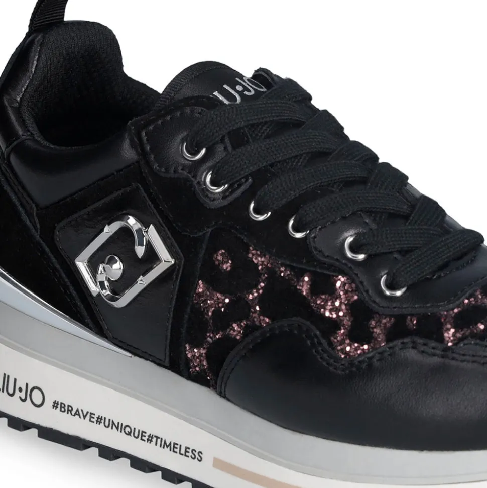 Sneakers Platform Donna LIU JO Maxi Wonder 01 in Pelle Suede e Inserti Glitter Animalier Black Rose