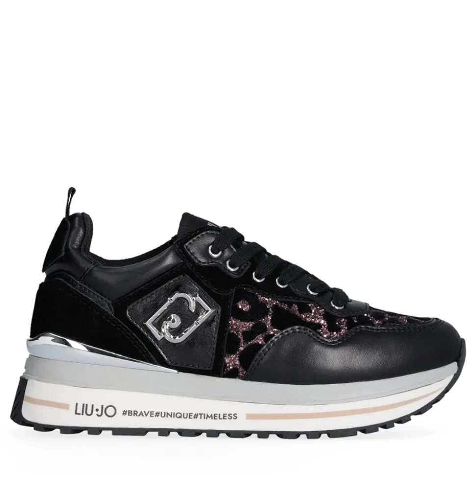 Sneakers Platform Donna LIU JO Maxi Wonder 01 in Pelle Suede e Inserti Glitter Animalier Black Rose