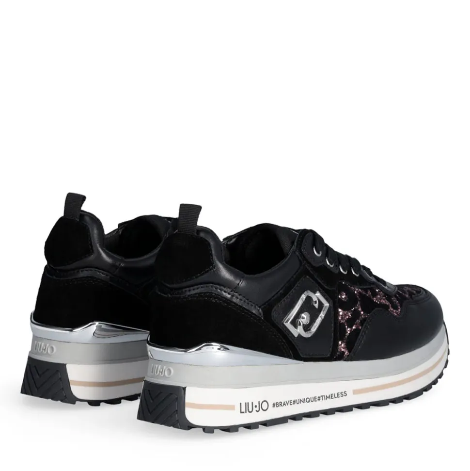 Sneakers Platform Donna LIU JO Maxi Wonder 01 in Pelle Suede e Inserti Glitter Animalier Black Rose