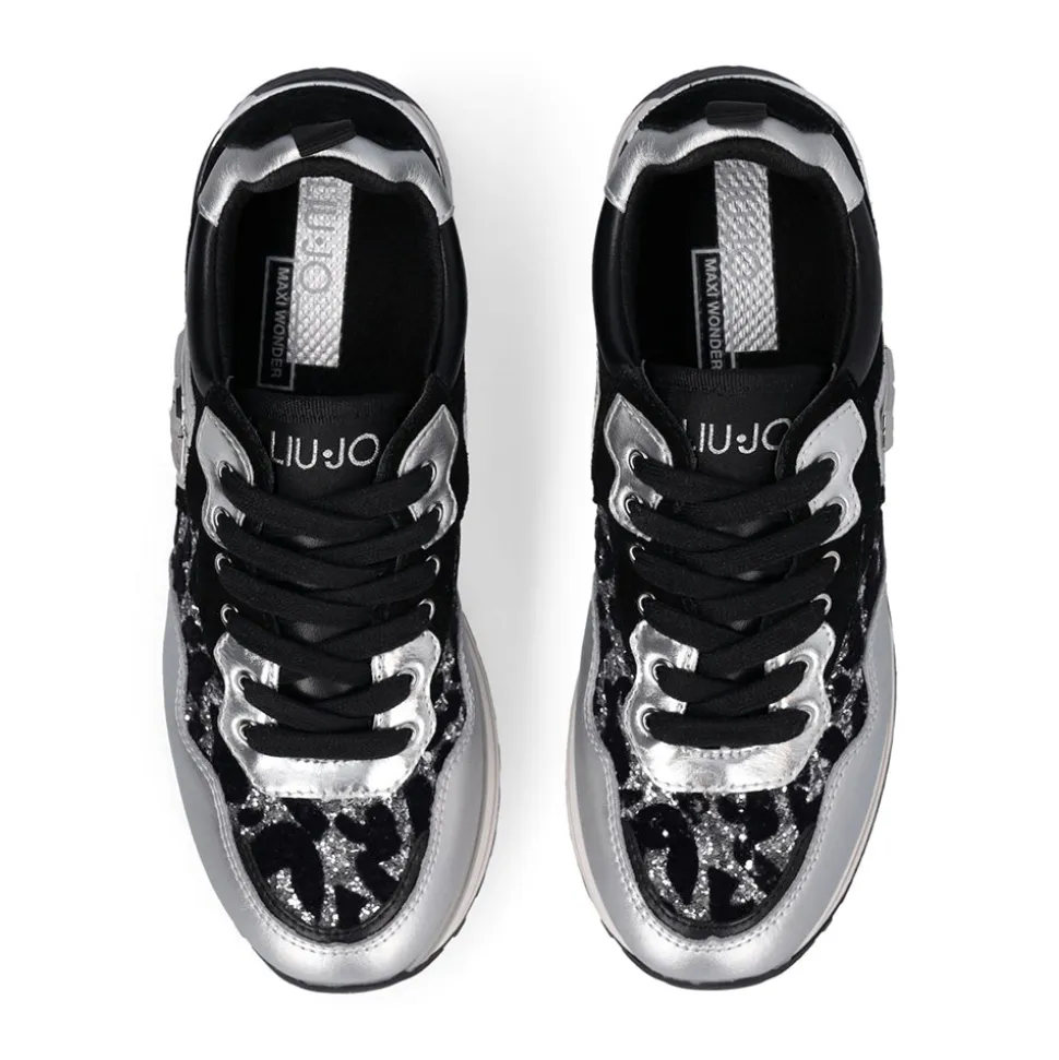 Sneakers Platform Donna LIU JO Maxi Wonder 01 in Pelle Suede e Inserti Glitter Animalier Silver Black