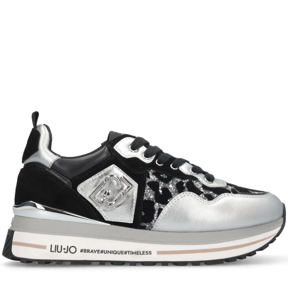 Sneakers Platform Donna LIU JO Maxi Wonder 01 in Pelle Suede e Inserti Glitter Animalier Silver Black