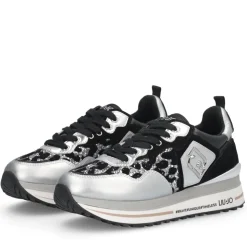 Sneakers Platform Donna LIU JO Maxi Wonder 01 in Pelle Suede e Inserti Glitter Animalier Silver Black