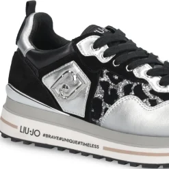 Sneakers Platform Donna LIU JO Maxi Wonder 01 in Pelle Suede e Inserti Glitter Animalier Silver Black