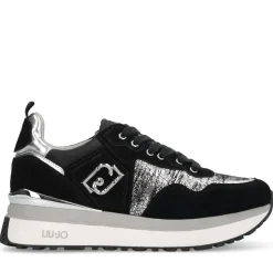 Sneakers Platform Donna LIU JO Maxi Wonder 01 in Suede Nero e Inserti Laminati Silver