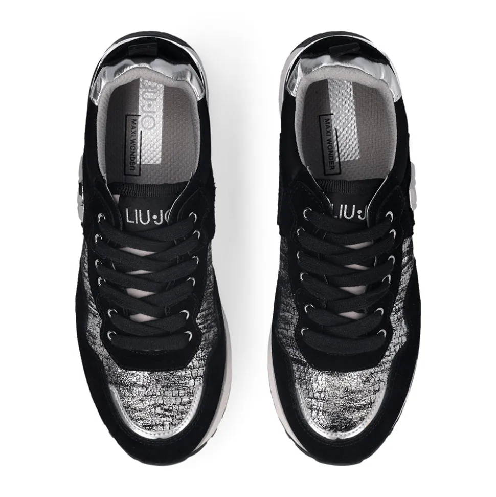 Sneakers Platform Donna LIU JO Maxi Wonder 01 in Suede Nero e Inserti Laminati Silver