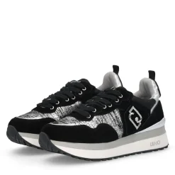Sneakers Platform Donna LIU JO Maxi Wonder 01 in Suede Nero e Inserti Laminati Silver