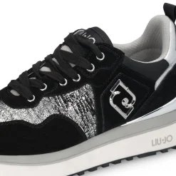 Sneakers Platform Donna LIU JO Maxi Wonder 01 in Suede Nero e Inserti Laminati Silver