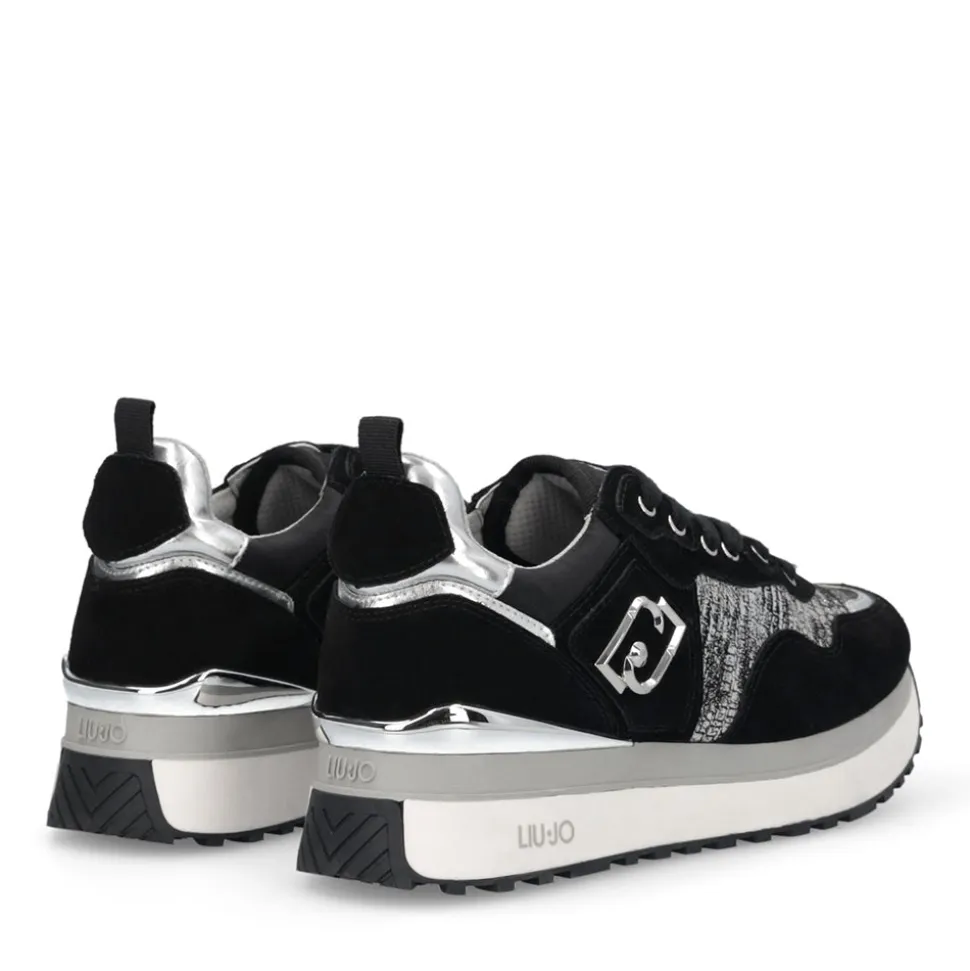 Sneakers Platform Donna LIU JO Maxi Wonder 01 in Suede Nero e Inserti Laminati Silver