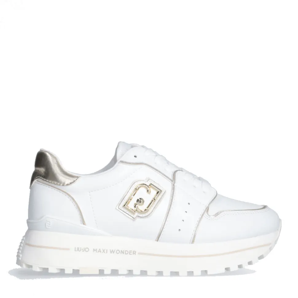 Sneakers Platform Donna LIU JO Maxi Wonder 85 in Pelle Bianca con Inserti Laminati Oro