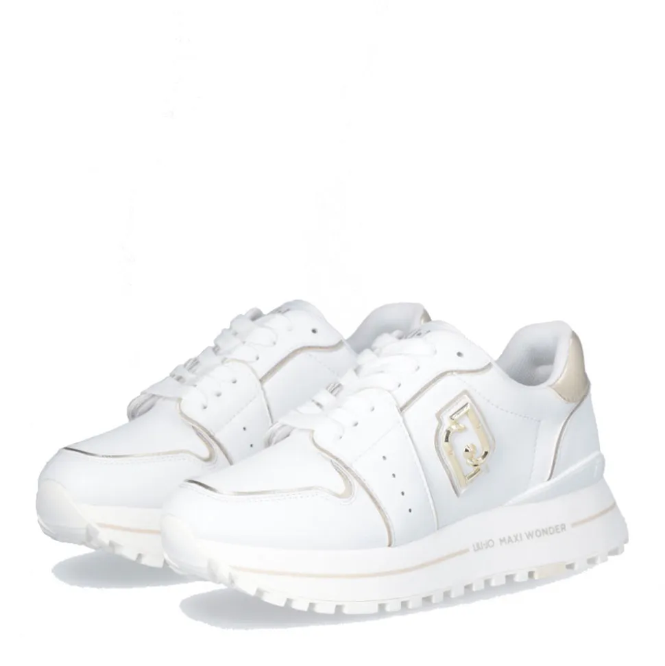Sneakers Platform Donna LIU JO Maxi Wonder 85 in Pelle Bianca con Inserti Laminati Oro