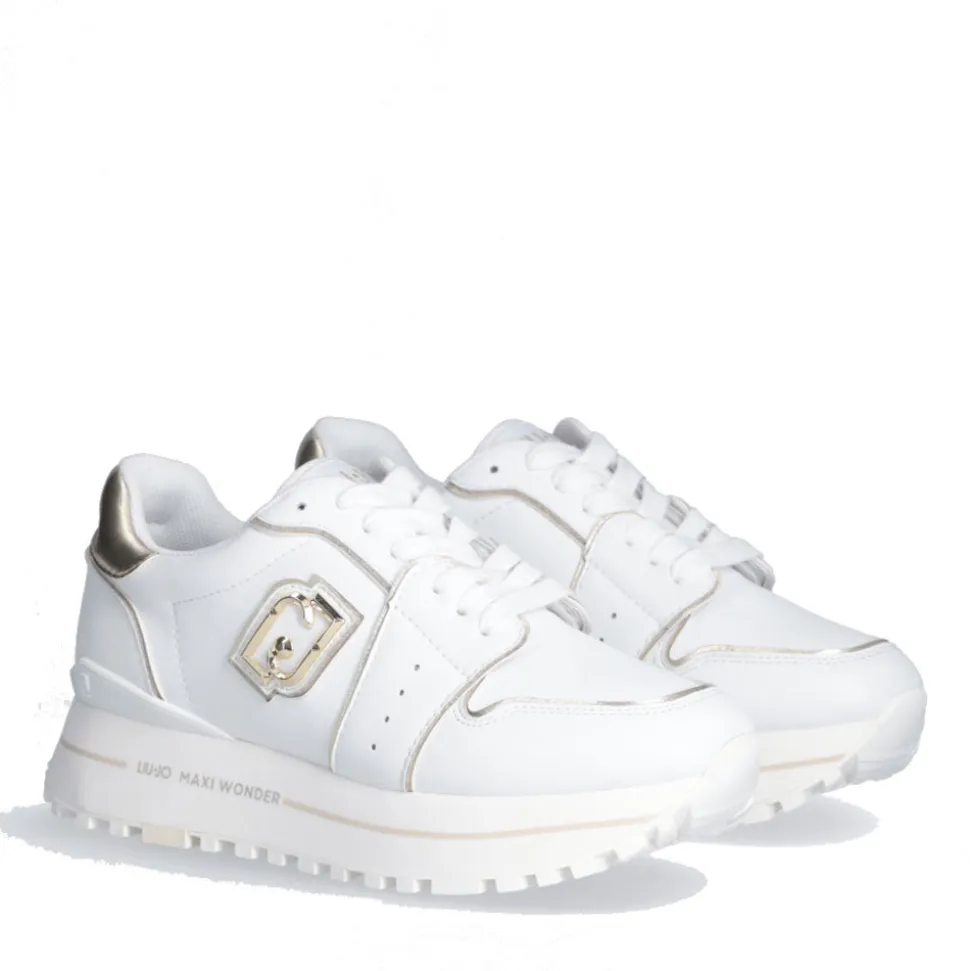 Sneakers Platform Donna LIU JO Maxi Wonder 85 in Pelle Bianca con Inserti Laminati Oro