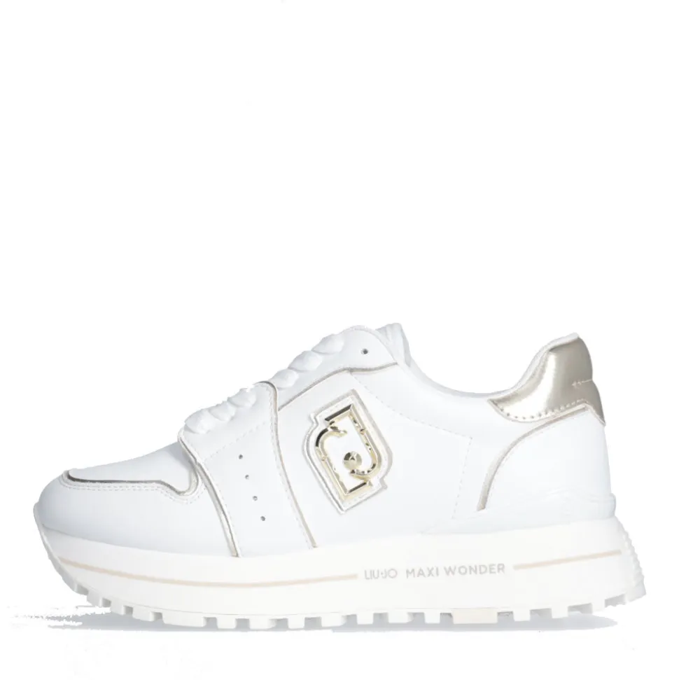 Sneakers Platform Donna LIU JO Maxi Wonder 85 in Pelle Bianca con Inserti Laminati Oro
