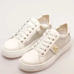 Sneakers Platform PATRIZIA PEPE Girl linea Flyglitter in Pelle e Glitter Off White e Platino