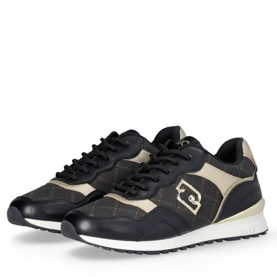 Sneakers Running LIU JO Maxi Wonder Low 02 in Pelle Nera e Inserti stampa Monogram