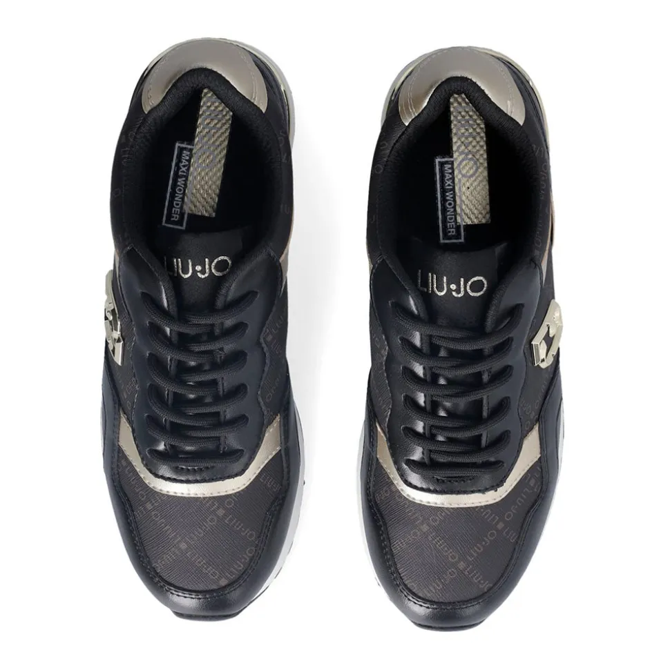 Sneakers Running LIU JO Maxi Wonder Low 02 in Pelle Nera e Inserti stampa Monogram