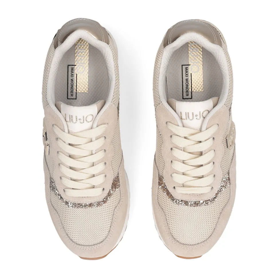 Sneakers Running LIU JO Maxi Wonder Low 02 in Glitter Mesh e Suede Corda Light Gold