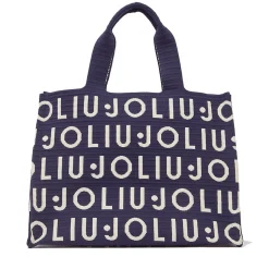 Tote Bag Large LIU JO in Maglia Blu Scuro con Logo Jacquard Bianco