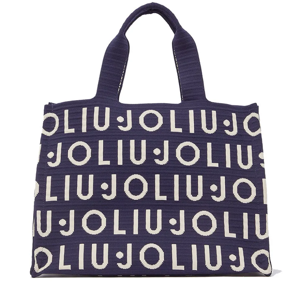 Tote Bag Large LIU JO in Maglia Blu Scuro con Logo Jacquard Bianco
