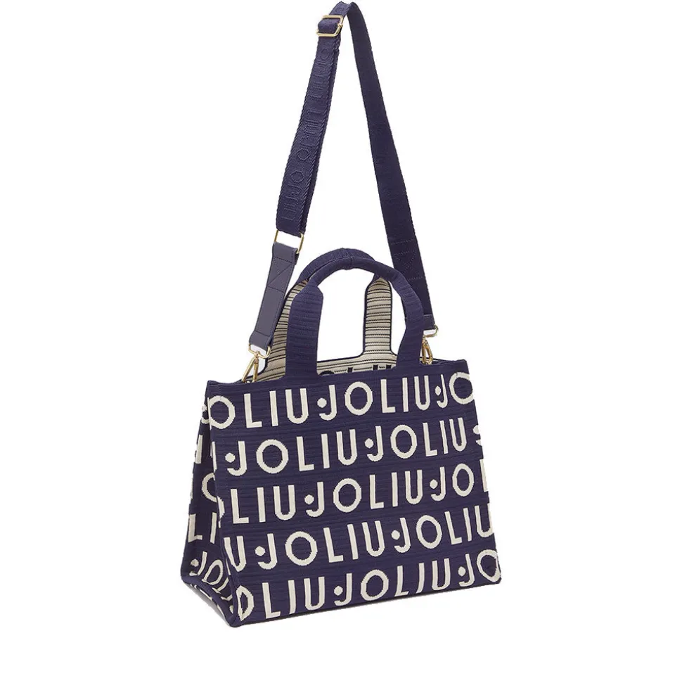 Tote Bag Large LIU JO in Maglia Blu Scuro con Logo Jacquard Bianco